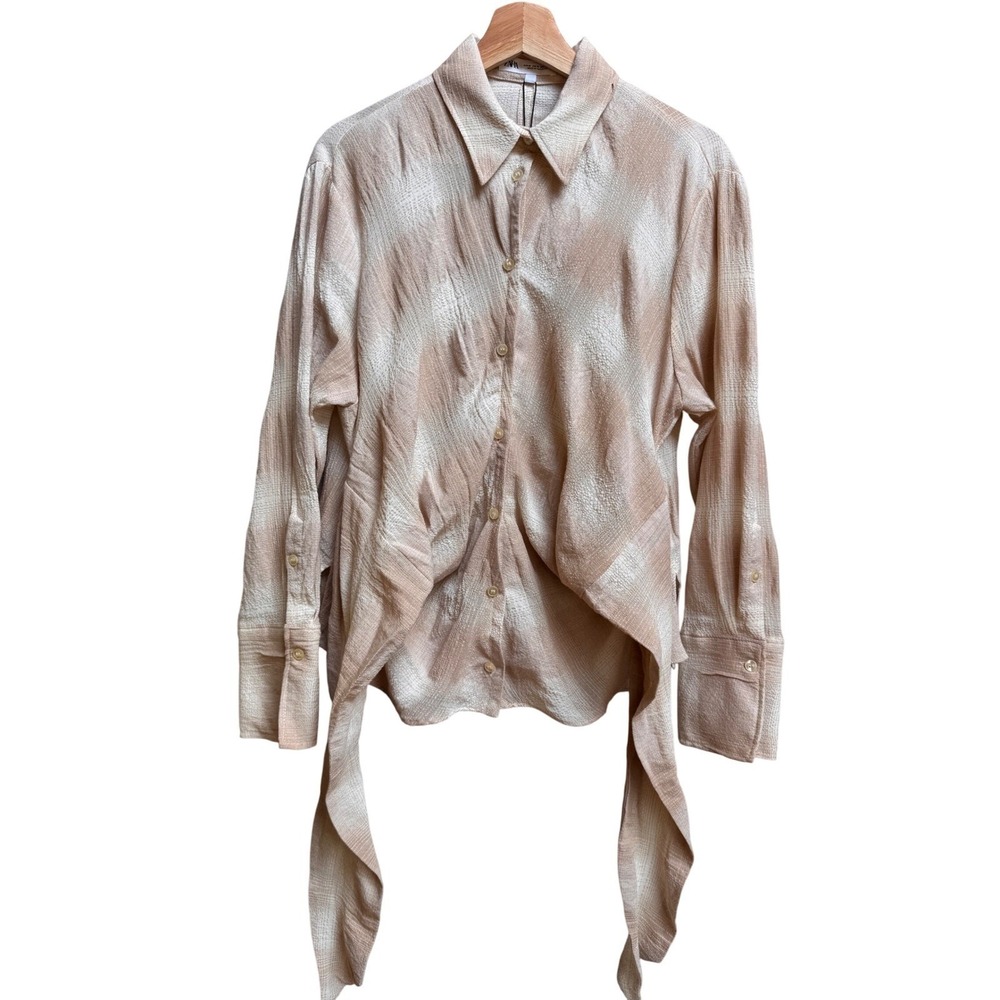 Zara Beige Textured Ruched Button Down Shirt Top Gauze Coastal Cotton Blend M - Picture 4 of 13
